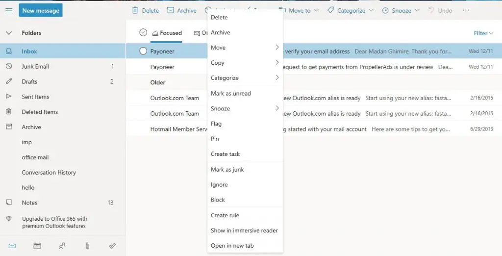 outlook mail dashboard with user options to delete, archive, move and so on.
