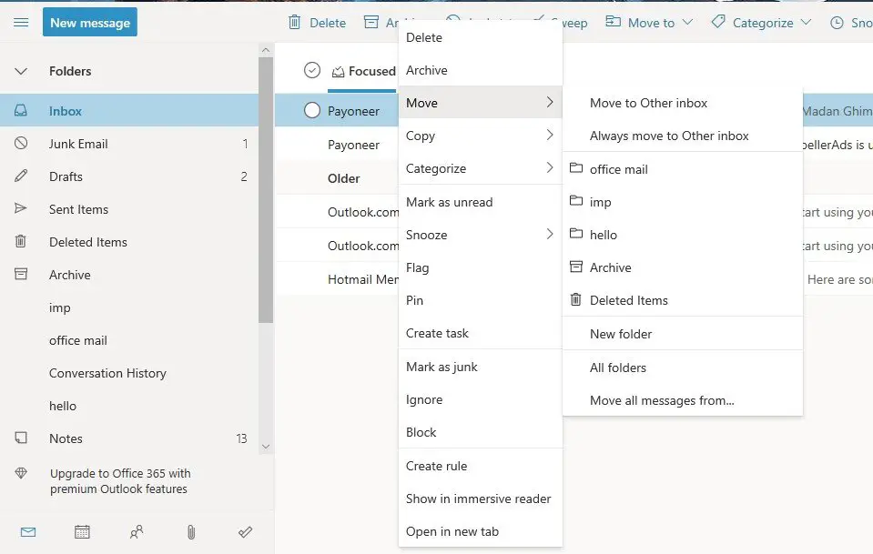 outlook mail to move to list of options.