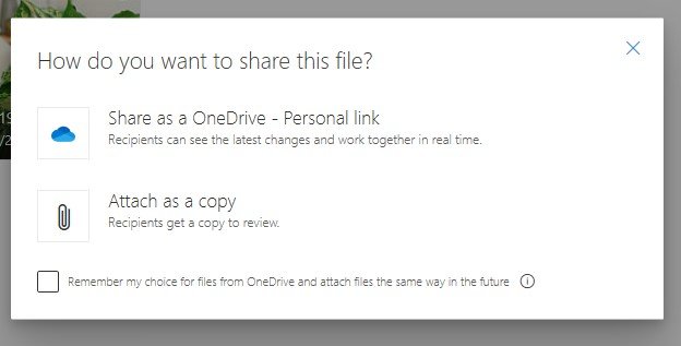 Outlook mail windows with options to share files. 