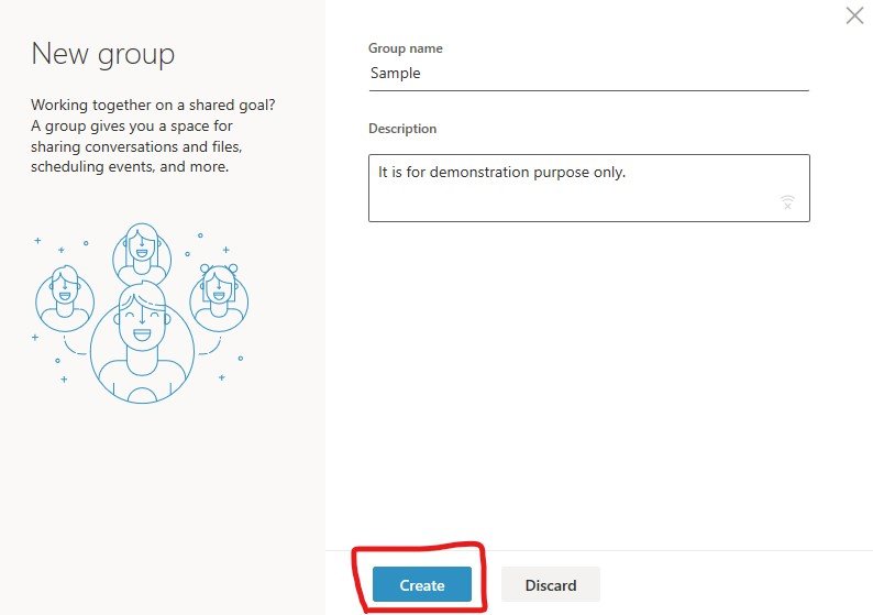outlook new group window with written group name and description.