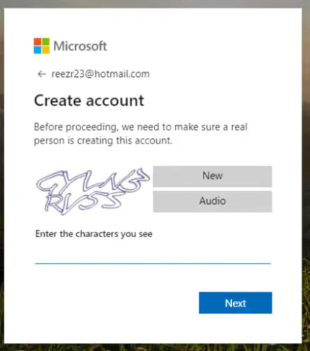 outlook.com asks to enter the code for confirmation during an account sign up
