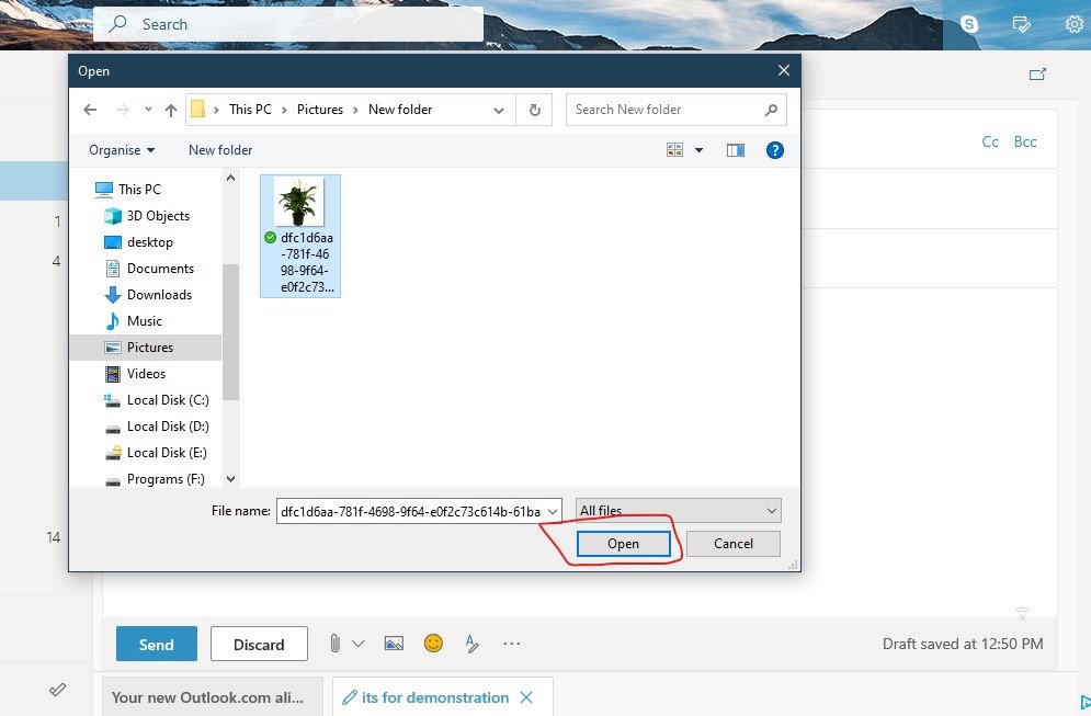 windows open explorer to select file on top of outlook mail.