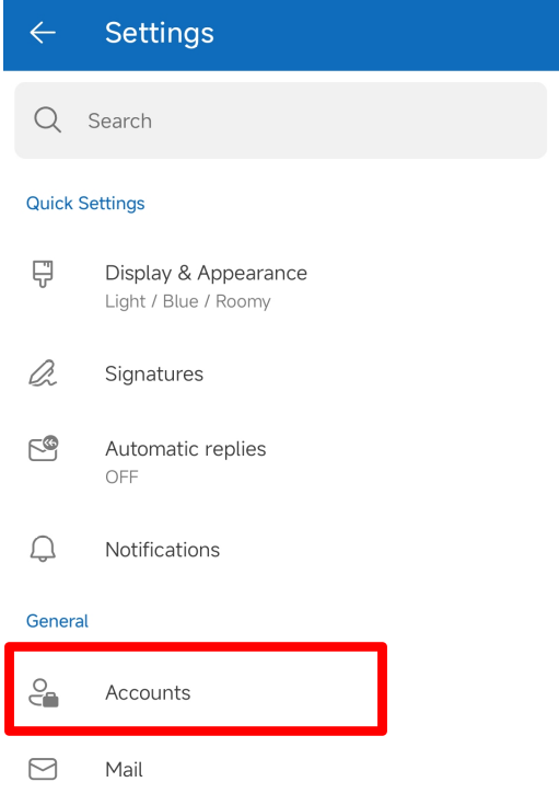 Accounts section in Settings.