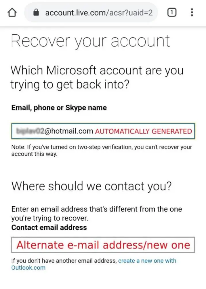 Microsoft Account Recovery Information