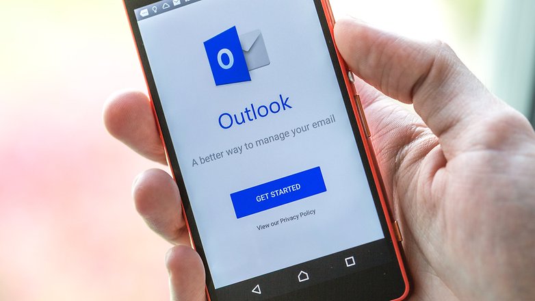 Outlook app screen with an Outlook log and 'GET STARTED' button