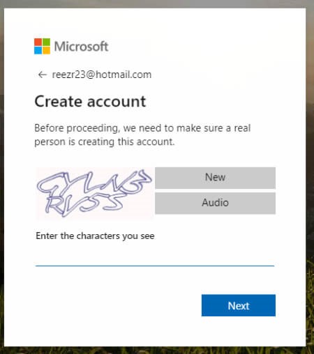 Outlook.com asks to enter the code for confirmation during an account Sign Up