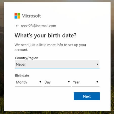Outlook.com asks to enter your country name and birth date during Sign Up