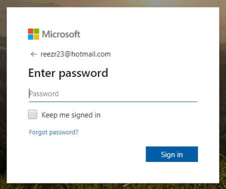 Outlook.com login page asking to enter your password for login