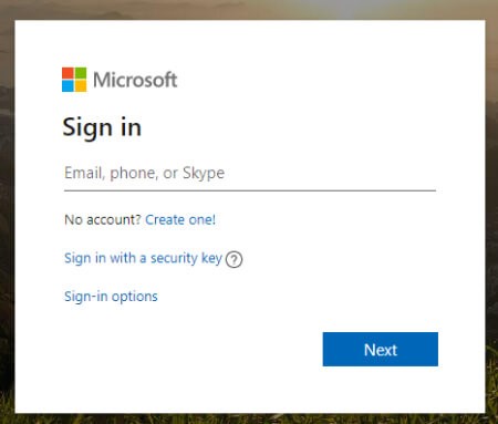 Outlook.com login page asking your email, phone or Skype