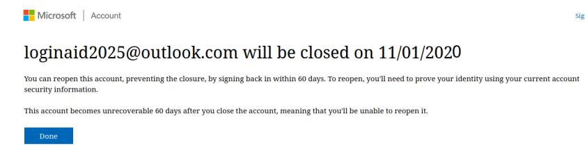 Hotmail account closed dialog box.