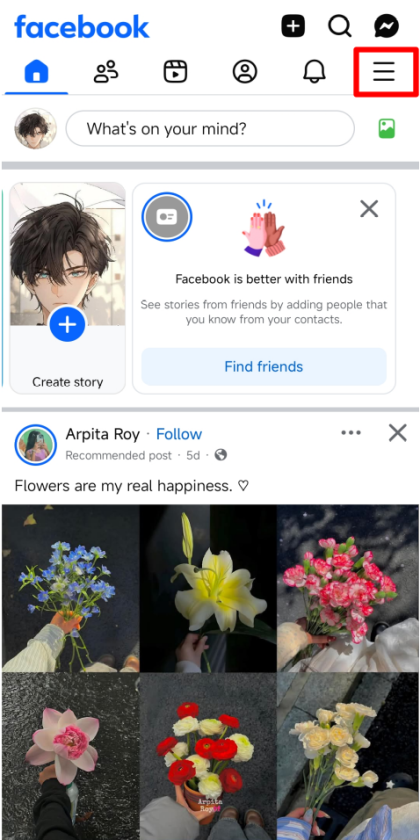 Screenshot of the Facebook app interface showing the menu icon highlighted in red, along with a post about flowers.