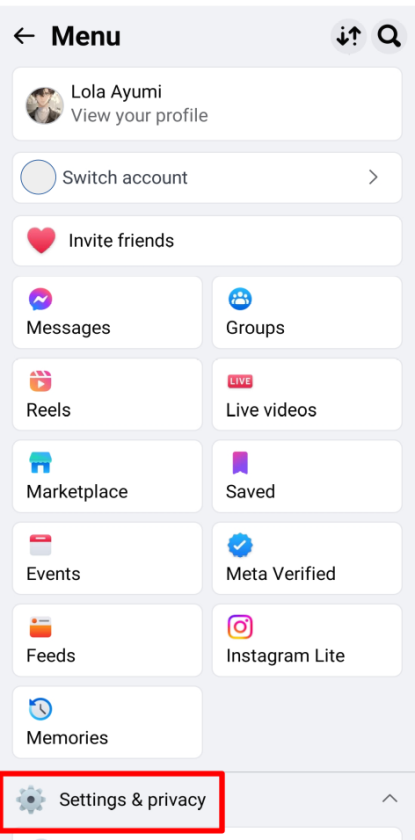Screenshot of the Facebook Lite menu highlighting the 'Settings & privacy' option.
