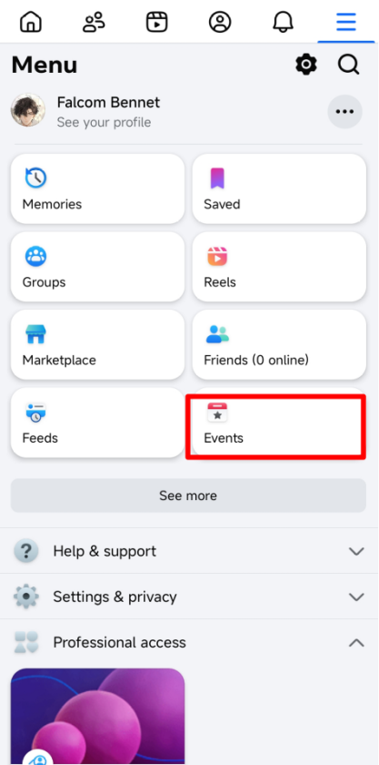 Screenshot of the Facebook app menu showing different options including 'Events' highlighted in red.