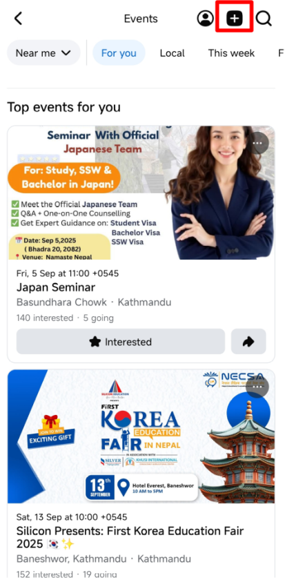 Screenshot of the Facebook Events interface displaying options to create an event and showcasing upcoming events including a seminar and an education fair.