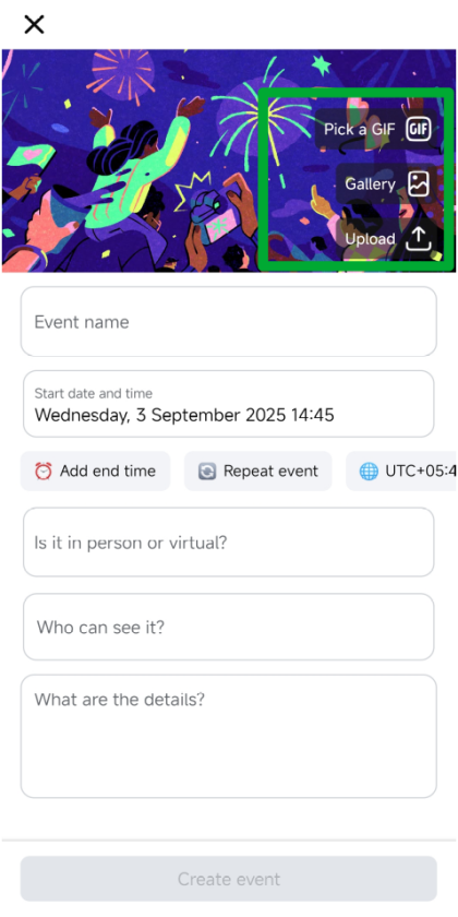 A screenshot of the Facebook event creation interface, showcasing options to pick a GIF, upload a cover photo, and fill in event details such as event name, date and time, format (in-person or virtual), visibility settings, and description.