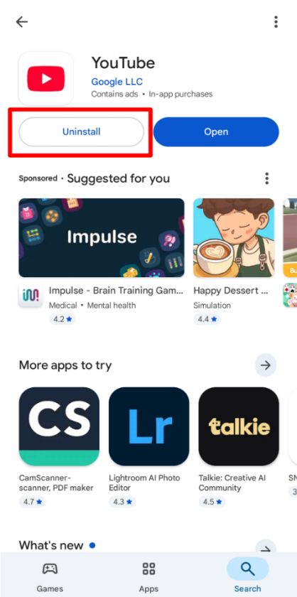 YouTube Uninstall Page