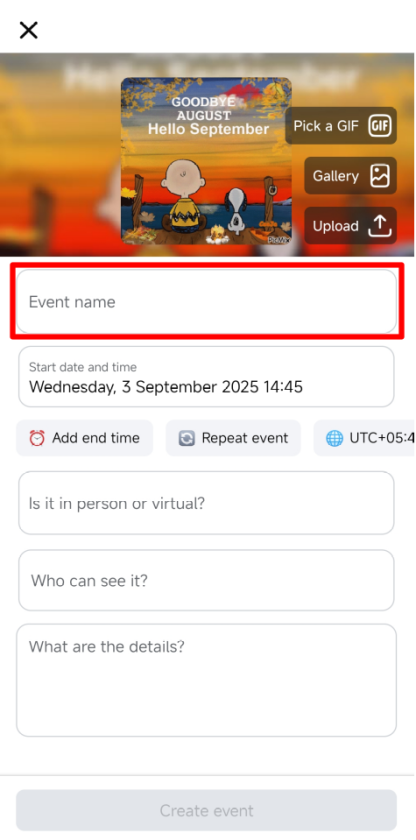 Screenshot of the Facebook Events creation interface, showing fields for event name, date and time, virtual or in-person option, visibility settings, and event details.