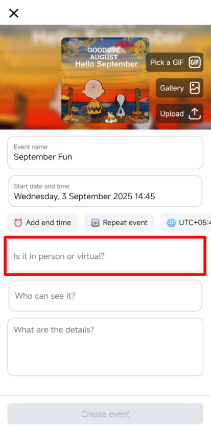 Screenshot of a Facebook event creation interface, displaying fields for event name, date and time, and options for specifying whether the event is in-person or virtual.
