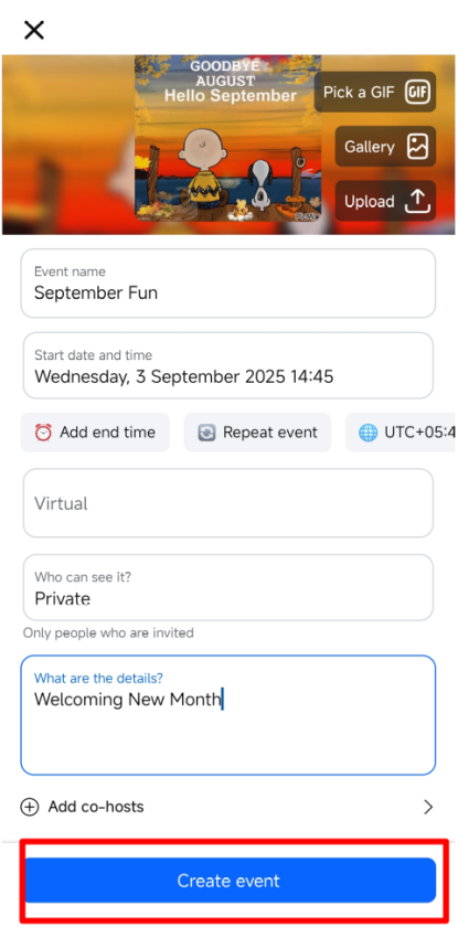 Screenshot of the Facebook Events creation interface displaying event name, date, time, privacy settings, and the 'Create event' button.