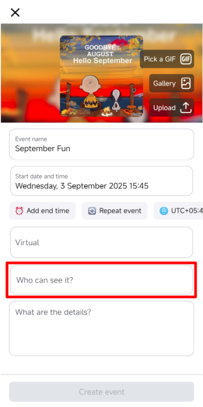 Screenshots of a Facebook event creation interface showing options to input event name, date and time, type (virtual), privacy settings, and details.