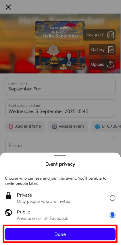 Screenshot of a Facebook event creation interface showing options for event name, date and time, privacy settings, and cover image selection.